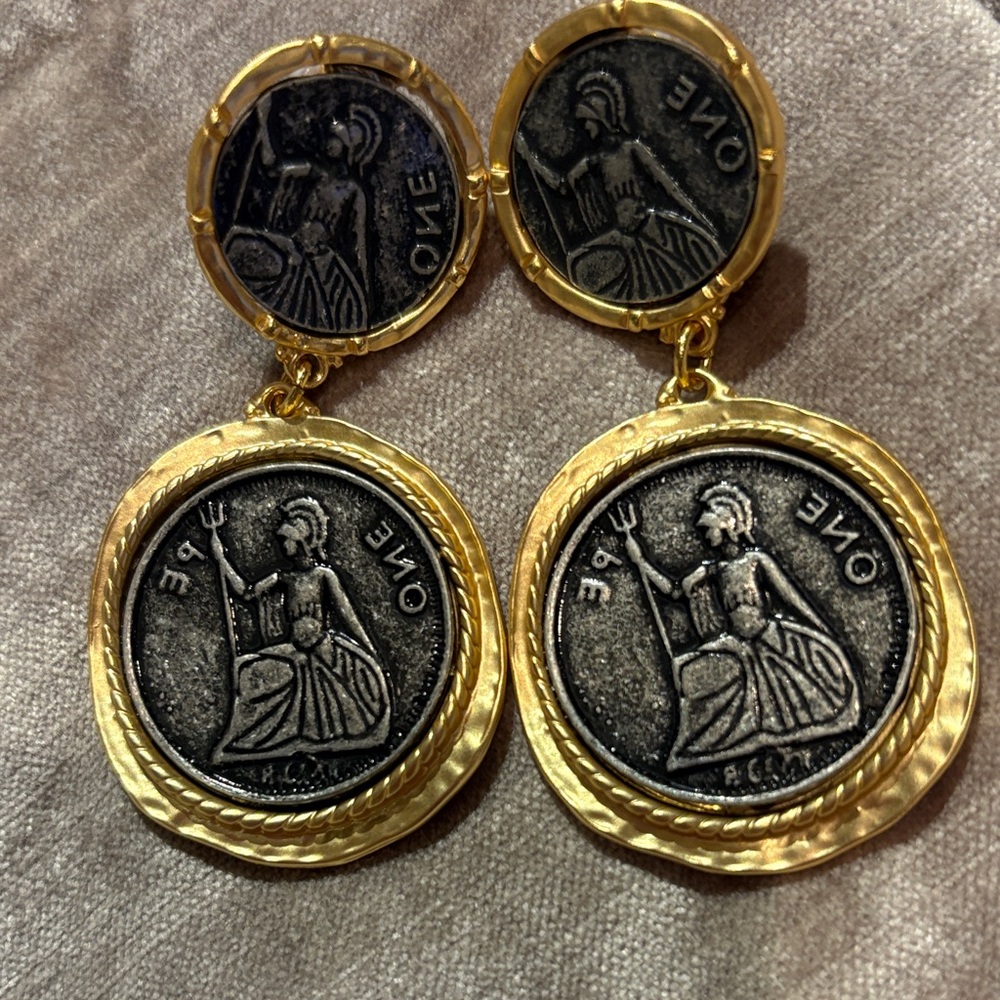 Ancient Greek Spartan Brushed Gold Coin clip On Earrings